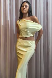 Yellow On Off Shoulder Satin Top - Size 16XL, Women's Top