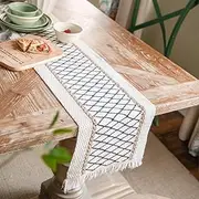 Table Runner, Boho Table Runner Cotton Linen Table Decorations, Farmhouse Table Runners with Tassels for Bohemian Wedding Bridal Shower Rustic Home Dining Table (Black/Grid/A, 12x72)