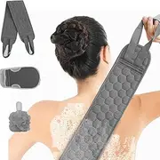 MKUCCD Exfoliating Back Scrubber with Handle, Exfoliating Glove and Bath Loofah Set, Body Exfoliator Bath Tool Deep Cleansing Skin, for Both Men and Women - 3 Pack (85 * 9.5CM) (Grey)