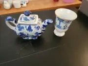 Miniature Teapot, Blue And White, Vintage, 3.5” Tall With Cute Tea Cup 2 Pc Set