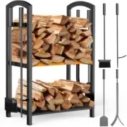 Double-Layer Heavy-Duty Firewood Rack Holder With Fireplace Tool Set Black NEW