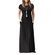 Women Short Sleeve Loose Plain Maxi Dresses Casual Long Dresses with Pockets - Black
