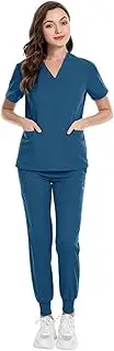 [MEDSKIN] Nurse Scrubs Set for Women - Stretch V-Neck Scrub Top & Jogger Trouser Pants with 8 Pockets, Caribbean Blue, m