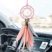 Dream Catcher Car Rearview Mirror Hanging Accessories Handmade Grids Pink Feathe