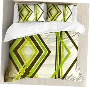 Abstract Duvet Cover Set, Geometric Diamond Shape Queen Lime Green Army Green