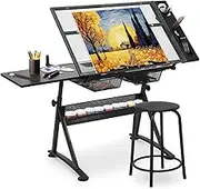 Athena Collection Drafting Table for Artists, Height Adjustable Drawing Table, Dual Desktop Art Desk Metal Frame Art Table Tiltable Craft Desk Paintings Work Station with Stool and Drawers, Black