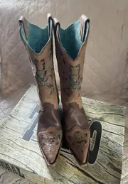 Corral C62 Tan And Turquoise Laser Cut Snip Toe Women’s Cowboy Boot New!