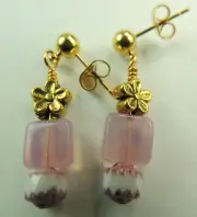 Pink & White Czech Earrings with Flowers Handmade Chic Earrings