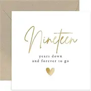 Old English Co. Nineteen Years Down Forever To Go Wedding Anniversary Card for Husband or Wife - Special Gold Foil 19th Anniversary Celebration Card - Nineteenth Anniversary | Blank Inside Envelope