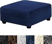 HFCNMY Ottoman Cover Square,Stretch Velvet Square Ottoman Cover Thick Ottoman Slipcover Square Washable Storage Ottoman Cover Foot Stool Cover with Elastic Bottom for Living Room Blue Large