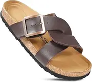 [AEROTHOTIC] Cork Recovery Slides for Women with Plantar Fasciitis Relief Comfortable Suede Footbed with Adjustable Buckle Cross Strappy Slip on Casual Travel Walking Beach Ladies Sandals