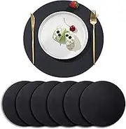 YONOVO 6Pack Faux Leather Placemats Set, Black Round PU Dinning Table Mats, Wipeable Easy to Clean Stain Resistant Heat Resistant Waterproof Place Mats Durable Plate Mats for Table Nordic Style(Black)