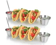 Holder Stand with Salsa Cup - Chrome Finish - Premium 18/8 Stainless Steel - Holds 3 Hard Soft Tacos