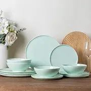 [LERATIO] Ceramic Dinnerware Sets for 4,Porcelain Plates and Bowls Sets with Wavy Edge,Microwave & Dishwasher & Oven Safe,Light Weight & Scratch Resistant Dishes Sets-Service for 4 (12pcs)-Light Green