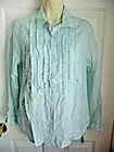 Talbots Top Shirt M NWT $58 Button Down Blue Teal White Striped Ruffled Front