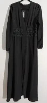 Boohoo Black Lace Waist /Long Sleeve /Button Maxi /Front Split/NWT Size 16