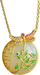 [KONGKNUANK] Necklaces For Women Jade pendant S925 Silver Gold-Plated with Natural Hetian Jade Round Plaque Dragonfly Necklace Pendant for Women Yoga Genuine
