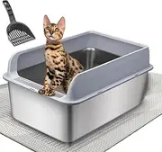 MTSDM Stainless Steel Litter Box, Open Pet Large Metal Cat Litter Box High Sided with Lid 60L x 40W x 30 H Semi-Enclosed for Big Kitty Semi-Enclosed with Cat Litter Mat Scoop Cat Toilet Anti-Leakage