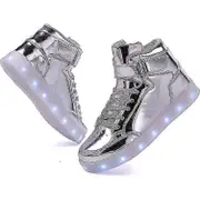 Kids Light Up Shoes Led Shoes Usb Charging Flashing High Top Sneakers Silver 28
