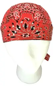 Women's Bling Red Paisley Rhinestone Headwrap Doo Rag Skull Cap with Sweatband