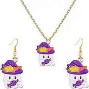 [Dreuyet] Cute Halloween Earrings Necklaces Set for Women Creative Alloy Black Cat Pumpkin Dangle Drop Earrings Funny Guitar Ghost Pendnat Necklaces Halloween Clothing Accessories