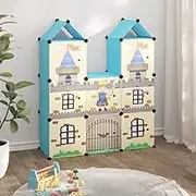 Cube Storage Cabinet for Kids with 8 Cubes, Eye-catching Cartoon Patterns, Blue PP Plastic, Water-Resistant, Sturdy Steel Frame