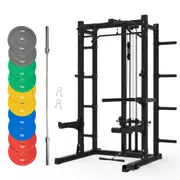 Pre Order Multifunctional Squat Rack Bundle - 150kg Colour Weight Plates & Barbell