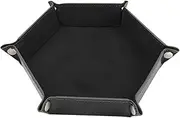 Portable Folding Dice Rolling Tray - 24.5x24.5cm Black Hexagon Dice Roller Tray | Portable Dice Rolling Mat and Storage Box | Versatile PU Leather Holder for Board Game Storage Bowls