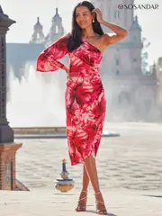 Sosandar Pink Wrap Skirt One Shoulder Midi Dress (N78672) | $159