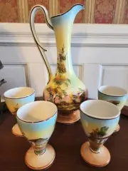 Vintage Set Of 5 Farmhouse Loucarte Portugal Porcelain Ewer Pitcher Goblets New