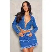 Petite Blue Denim Cropped Open Front Fitted Jacket, Blue