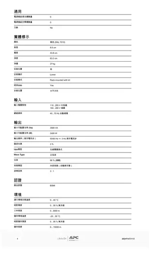 昌運監視器 APC 不斷電系統 UPS SRV3KRI-TW 3000VA 230V 在線式 機架 (10折)