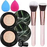 2 PCS Mushroom Head Air Cushion CC Cream Nature Foundation,Foundation Brush Powder Brush,Moisturizing Concealer, Bright Makeup Base Long Lasting with Mushroom Makeup Sponge(#02 Natural)
