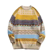 Nevenka Vintage Striped Sweater Grandpa Crewneck Knitted Pullover for Men-Yellow