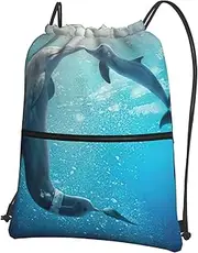 EdWal Winter The Dolphin Print Drawstring Backpack Gym Bags Sports Bags With Zipper Pocket For Travel Beach, Black, One Size