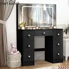 Black Dressing Table with Large LED Mirror Wood Makeup Desk 7 Drawers Storage