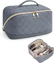 Wandering Nature Travel Makeup Bag,Wide-Open Make up Bag with Large Capacity,Quilted Makeup Organizer Bag, Open Flat Toiletry Bag for Women Cosmetic Pouch with Divider and Handle,Patent Pending, Gray