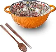 Soup Bowls with Handles Noodle Ramen Curry Bowl,Ramen Bowl with Chopsticks and Ramen Spoons,Ramen Bowl Set for 1 Person,Ceramic Soup Bowl,Porridge Bowl,Decorative Punch Bowl-green-1000ml