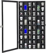 Shot Glass Display Case Large Wooden Cabinet Rack Holder Wall Mounted Black Shadow Box Lockable with UV Protection Acrylic Glass Door Shot Glass Storage Case with Removable Shelves, 17"x32", 52 Slots
