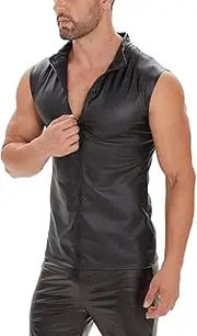 [xokesy] Men Sexy Leather Tank Top, Shiny Soft Matte Leather, Plus Size S-7XL, Male Black Leather Vest
