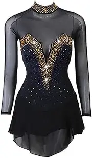 [Zagitova] Long Sleeve Figure Skating Dress for Women Girls Breathable Mesh Skating Ballerina Costume for Stage Performance