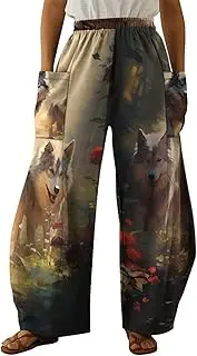 [Sipumia] Women's Loose Wolf Printed Harem Pants, Hippie Palazzo Pants Boho Joggers Yoga Clothes with Double Big Pockets