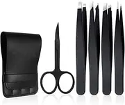 Tweezers Set 5-Piece - Professional Stainless Steel Tweezers with Curved Scissors, Best Precision Tweezer for Eyebrows, Splinter & Ingrown Hair Removal with Leather Travel Case (Black)