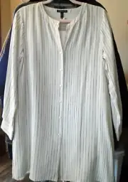 Eileen Fisher $219 PM Silk Painterly Stripe (hand drawn) Long Shirt Cream Black