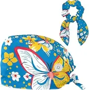 [YTYVAGT] Scrub Caps,Working Cap Hat with Sweatband Headgear for Women,Butterfly Blue Background Flowers
