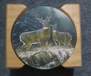 SET OF 4 CERAMIC DEER COASTERS IN WOOD HOLDER