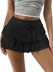 [Breoklla] Mini Lace Skirts for Women Ruffle Y2K Black Pleated Short Micro Mesh Skort
