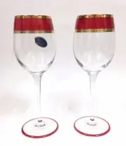 NEW SET OF 2 FRANCO DOLCE VITA RED+GOLD PLATED+CLEAR ALL PURPOSE WINE GLASS+BOX