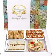 Ghasitaram Gifts Rakhi Gifts for Brothers Big Box of Kaju Katlis, Methi Mathi, Dodha Barfi, Pooja Thali and Bhaiya Bhabhi Rakhis
