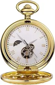 [ADovz] Pocket Watch Pocket Watch with Chain Golden Traditional Time Skeleton Steampunk Analog Fob Long Chain Clock Mechanical Pocket Watch